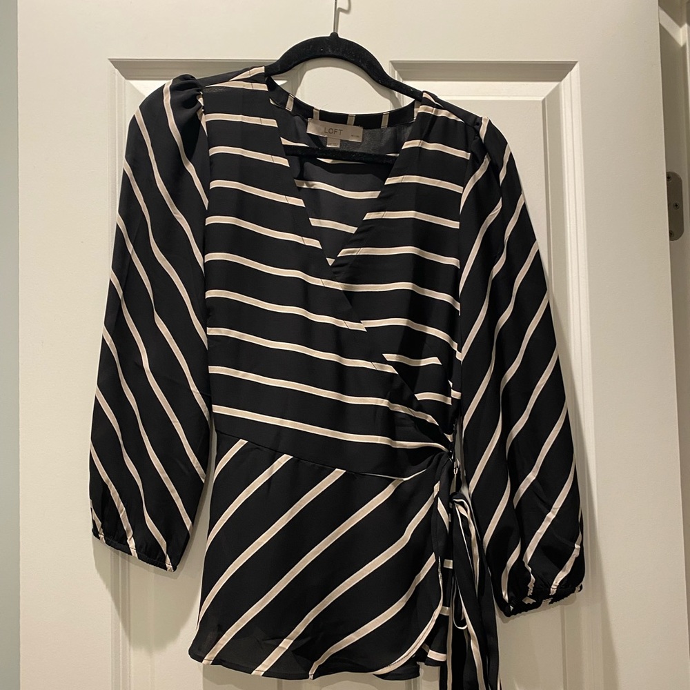 Loft blue and cream stripped wrap top